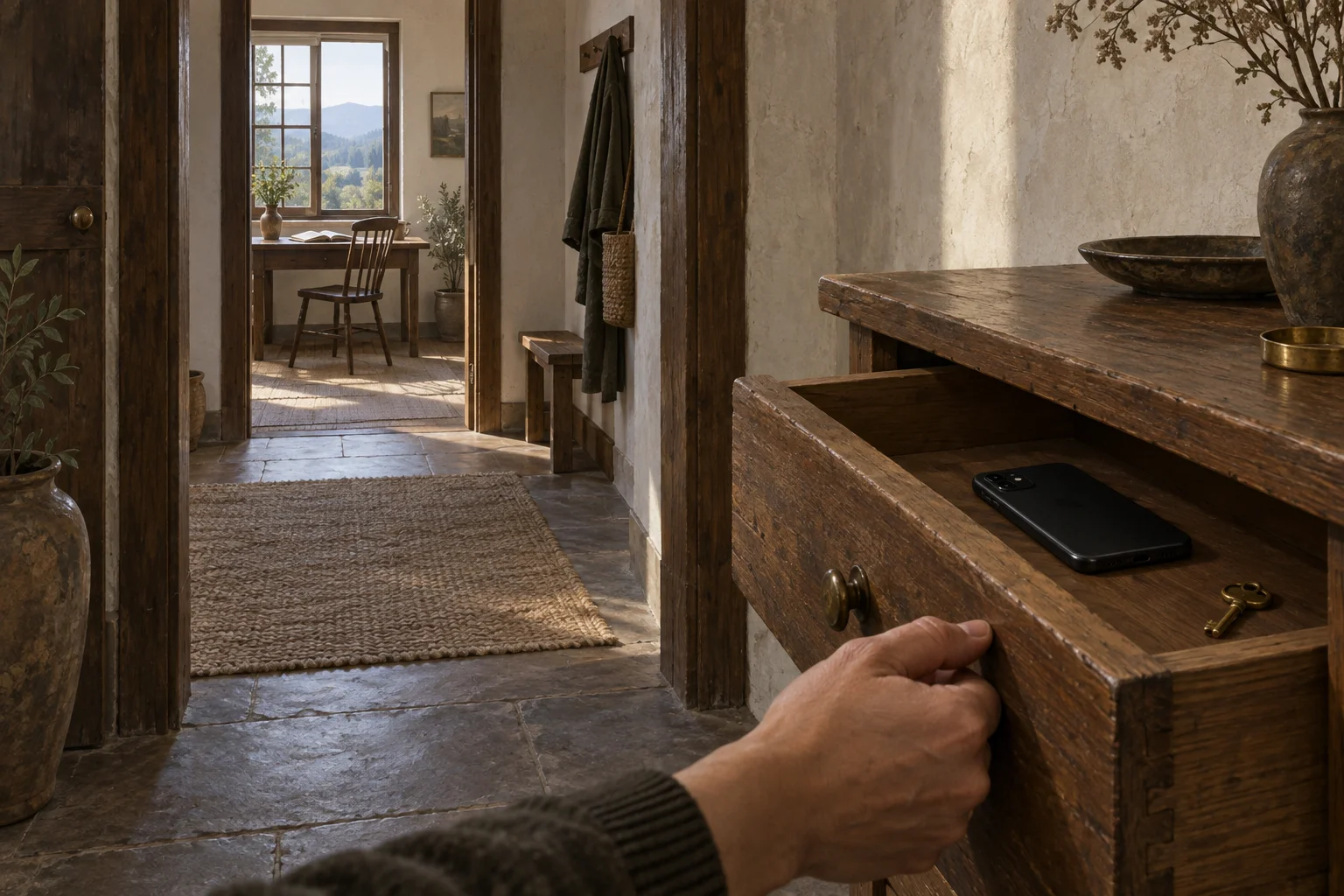 A hand closes a drawer on a phone in one room, away from a worktable visible across the hall.