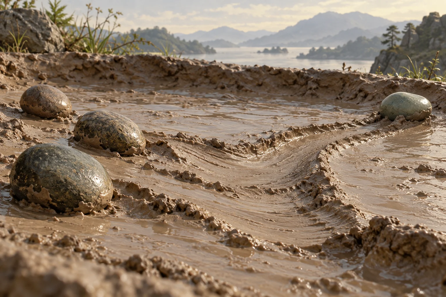 Pebbles rest among curved grooves in a wet clay surface.