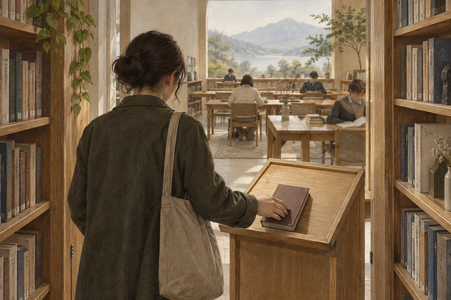 A library visitor sets one book on a reading stand just beyond the entrance.