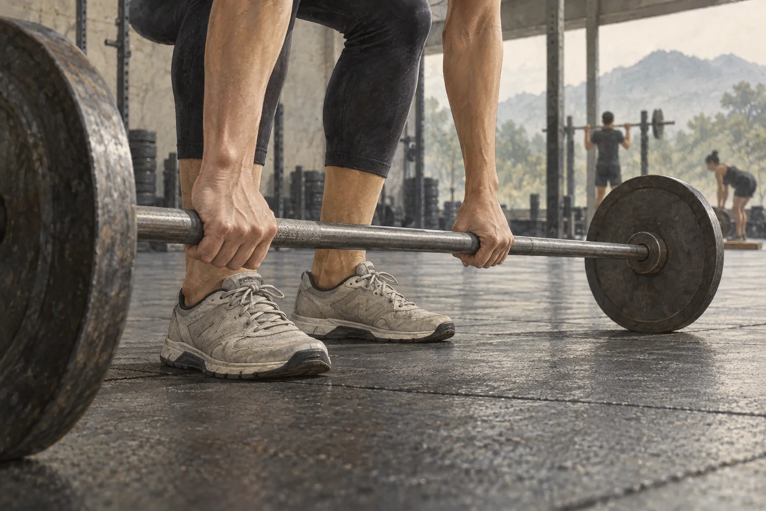Hands take hold of a lightly loaded barbell on the gym floor while other exercisers carry on in the distance.