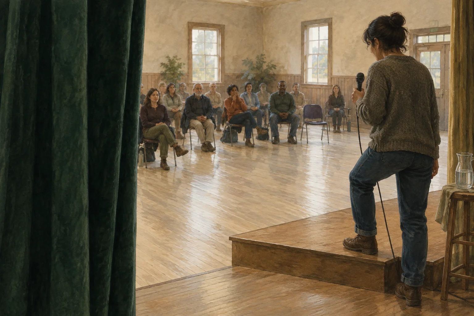 A speaker steps out from a side curtain toward a microphone and a small waiting audience.