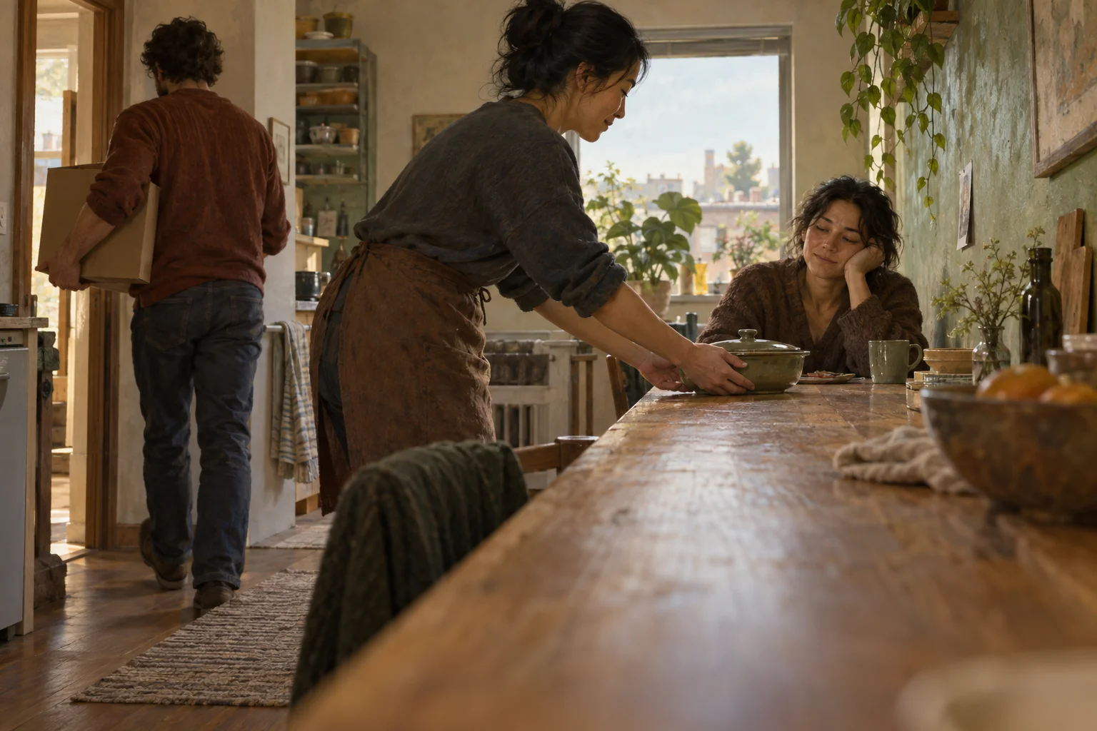 Two friends bring a meal and carry a box away while a tired person rests at the table.