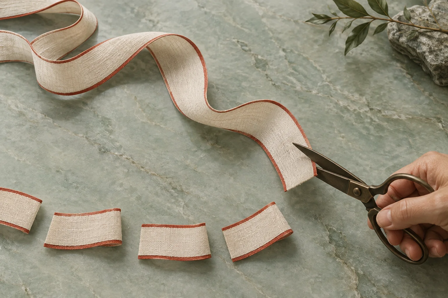 A hand cuts a pale ribbon into distinct lengths whose new edges cast sharp small shadows.