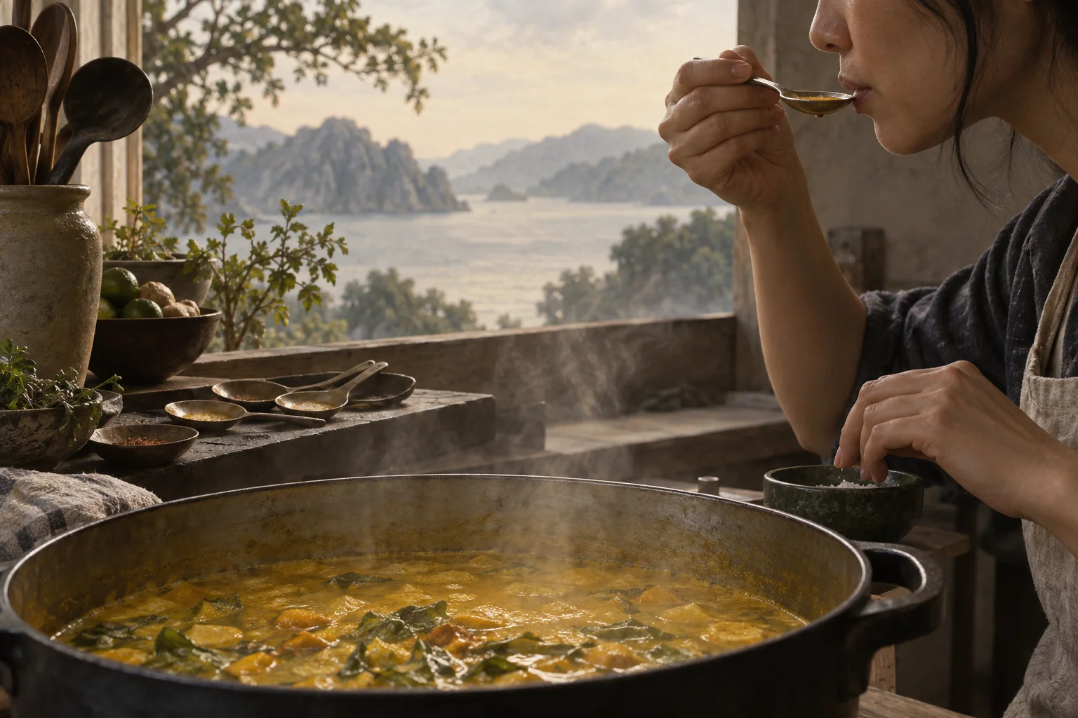 A cook tastes from a simmering pot before deciding how much seasoning to add.