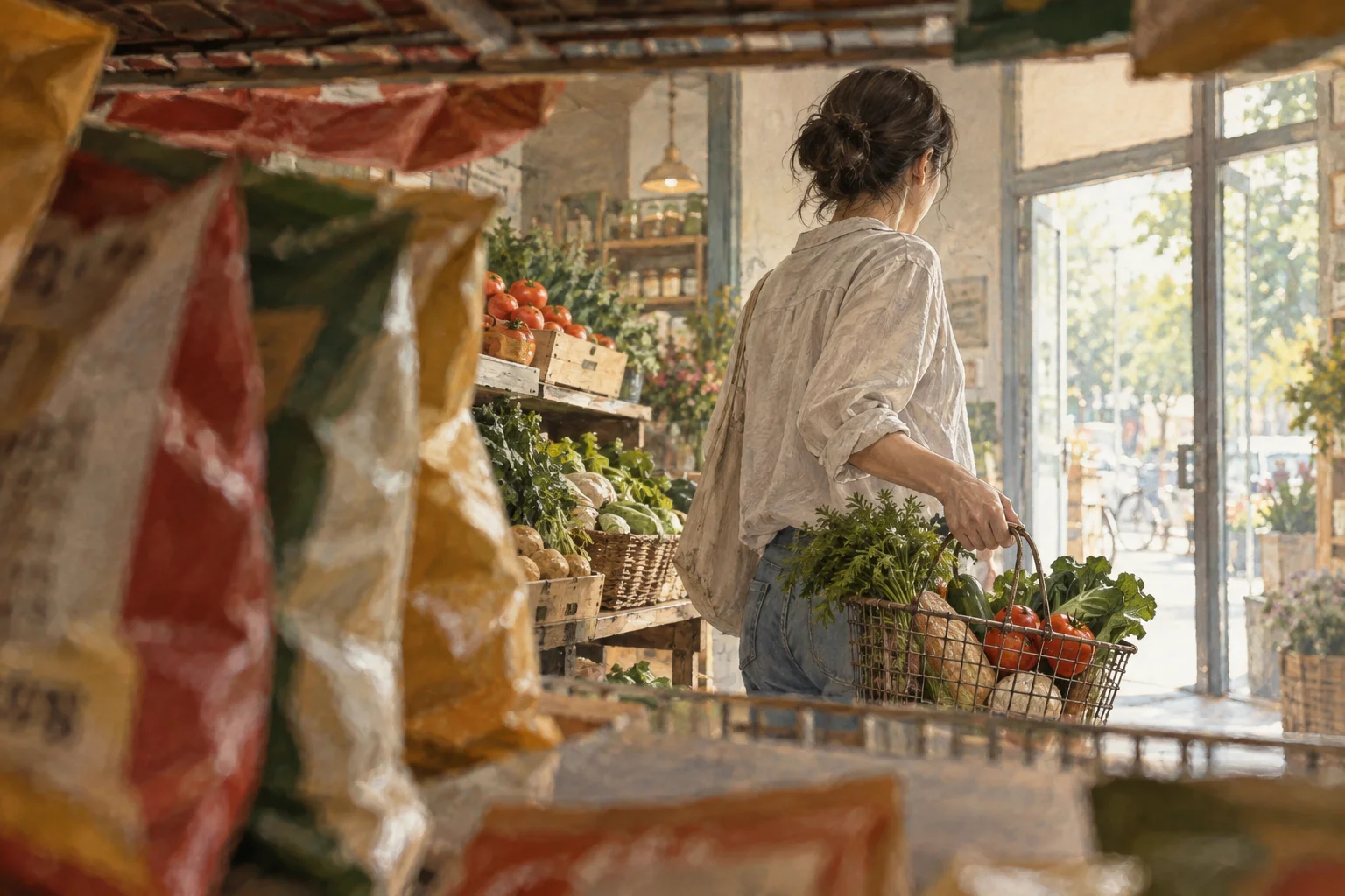 A shopper carries a basket of meal ingredients away from a snack shelf toward the open aisle.