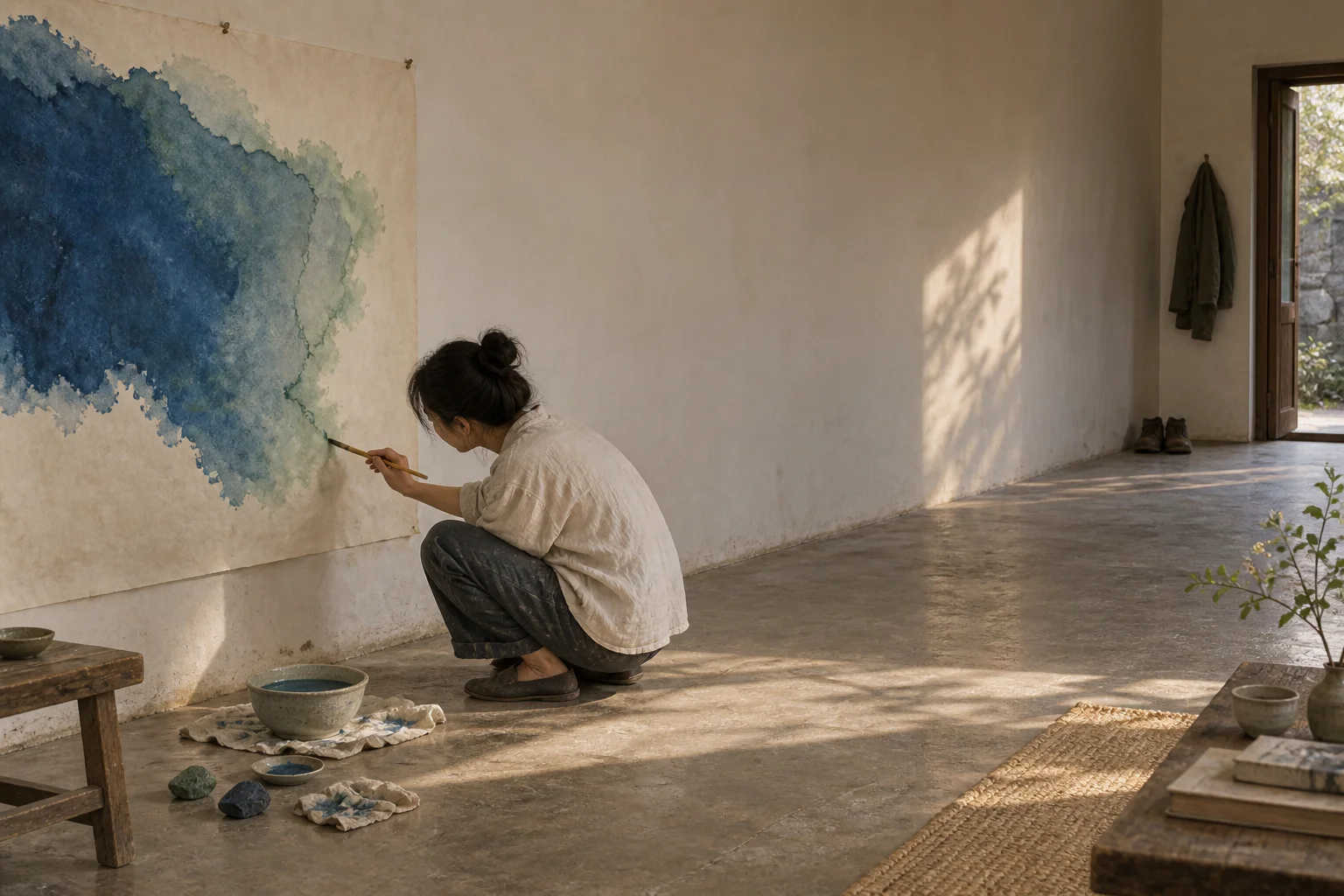 A painter follows the spread of a wash on a large low sheet in an empty private workroom.