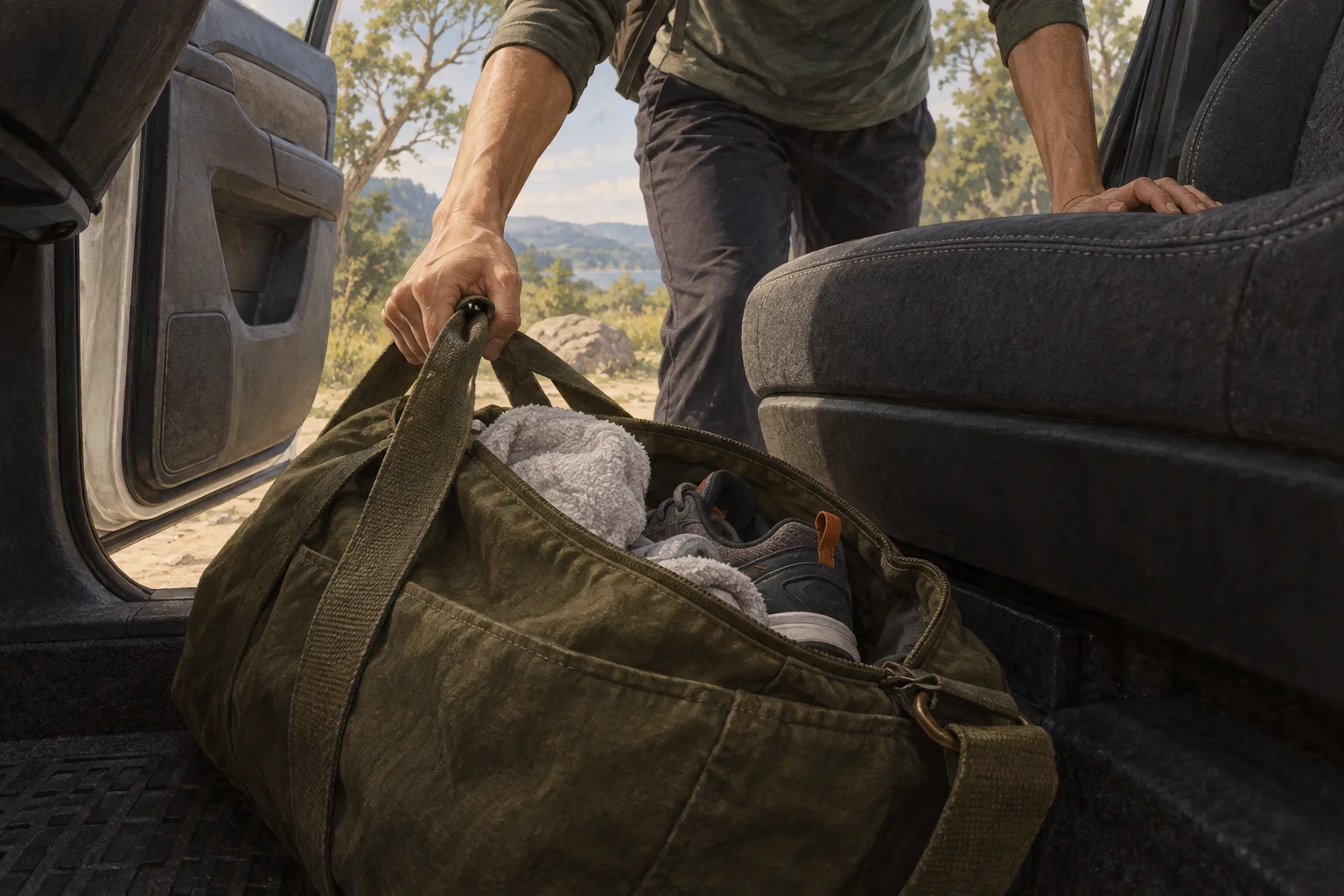 A packed gym bag is placed in a car’s passenger footwell as its owner prepares to take the driver’s seat.