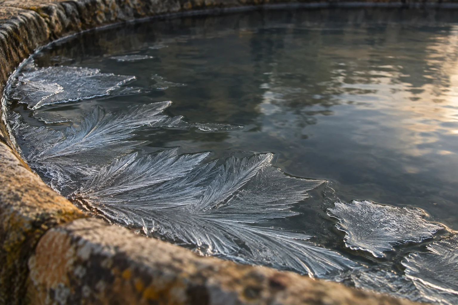 Branching ice grows from the edge of a shallow basin into dark still water.