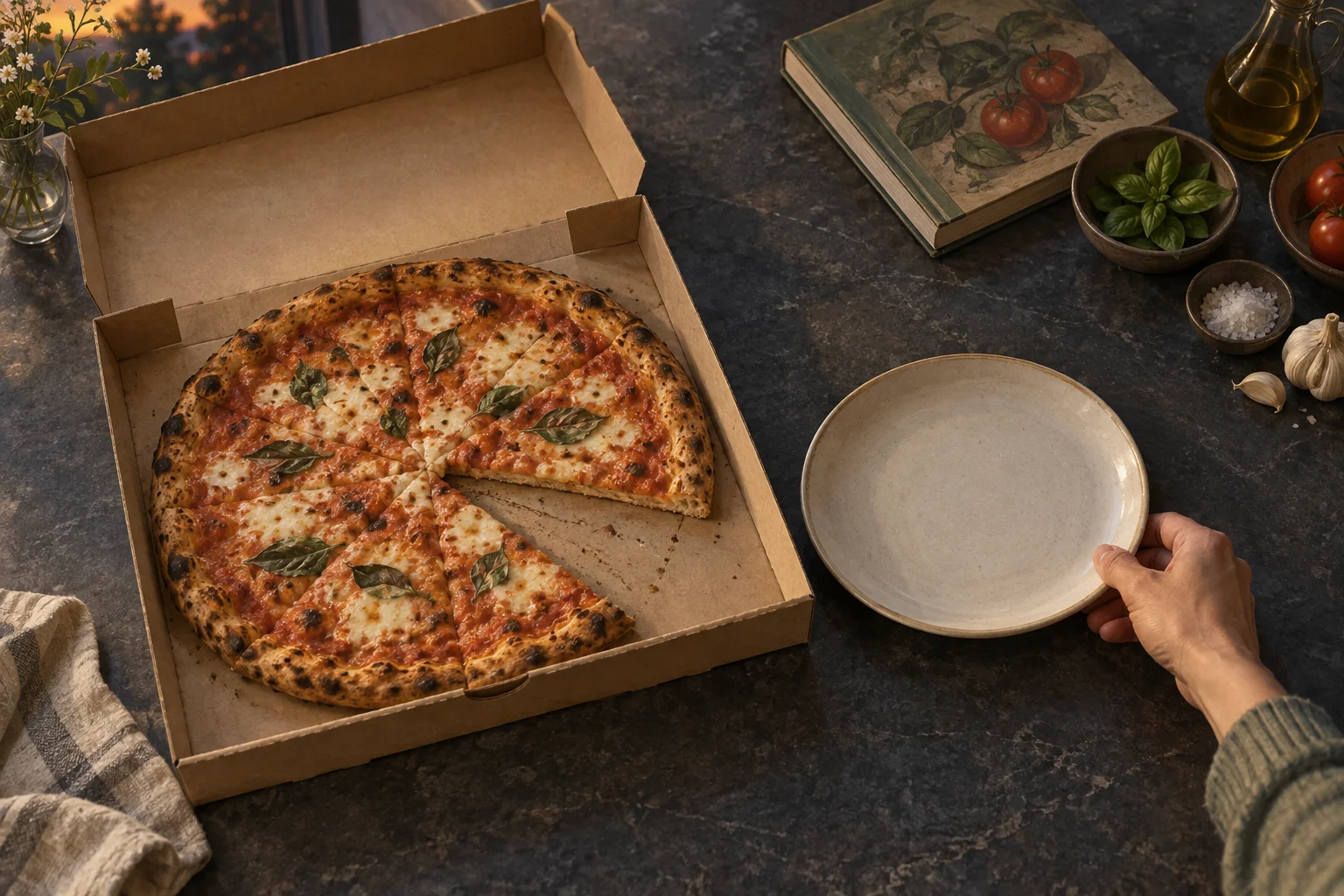 A person opens a pizza box and pulls a plate toward it while unused cooking ingredients remain at the counter’s far edge.