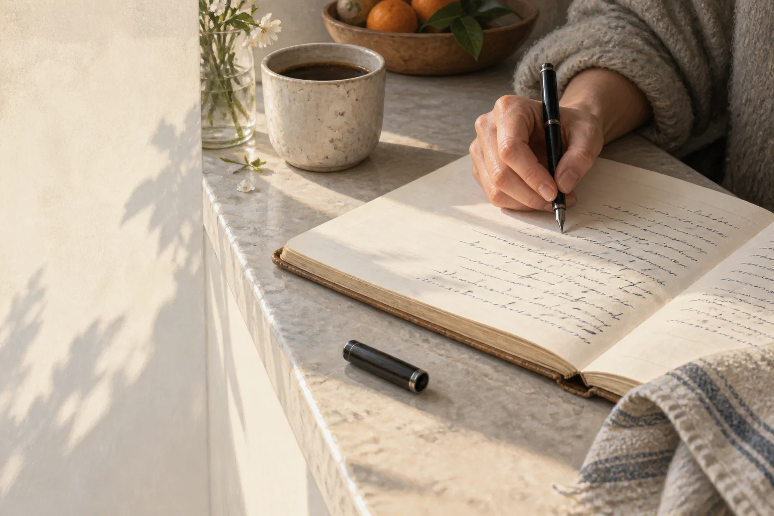 A hand writes an uneven unedited stream across a notebook in early morning light.