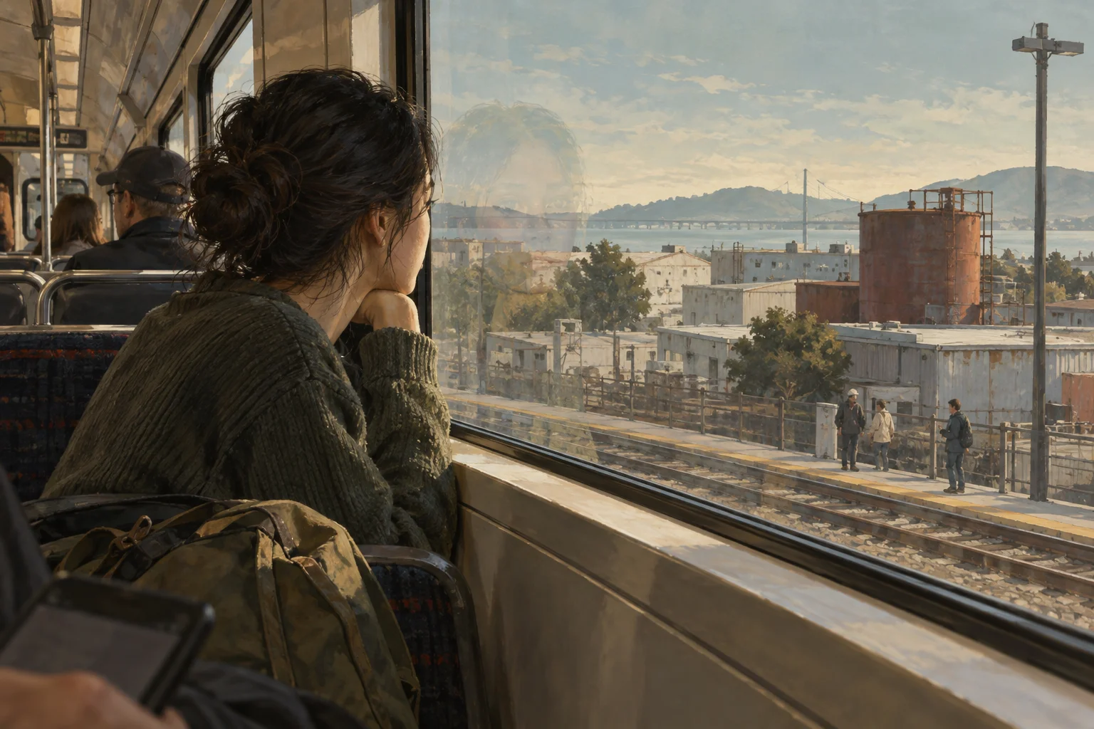 A commuter looks out of a train window at passing buildings and a station platform.