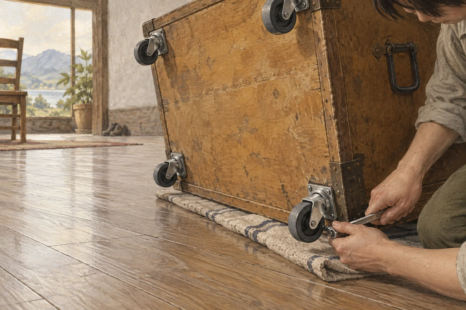 A person fits a small caster under a heavy storage trunk so it can be moved without being lifted each time.