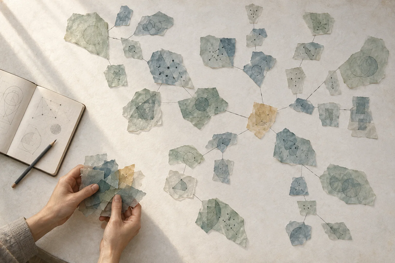 Hands hold a few translucent paper fragments while a much larger branching arrangement remains laid out across a pale desk.