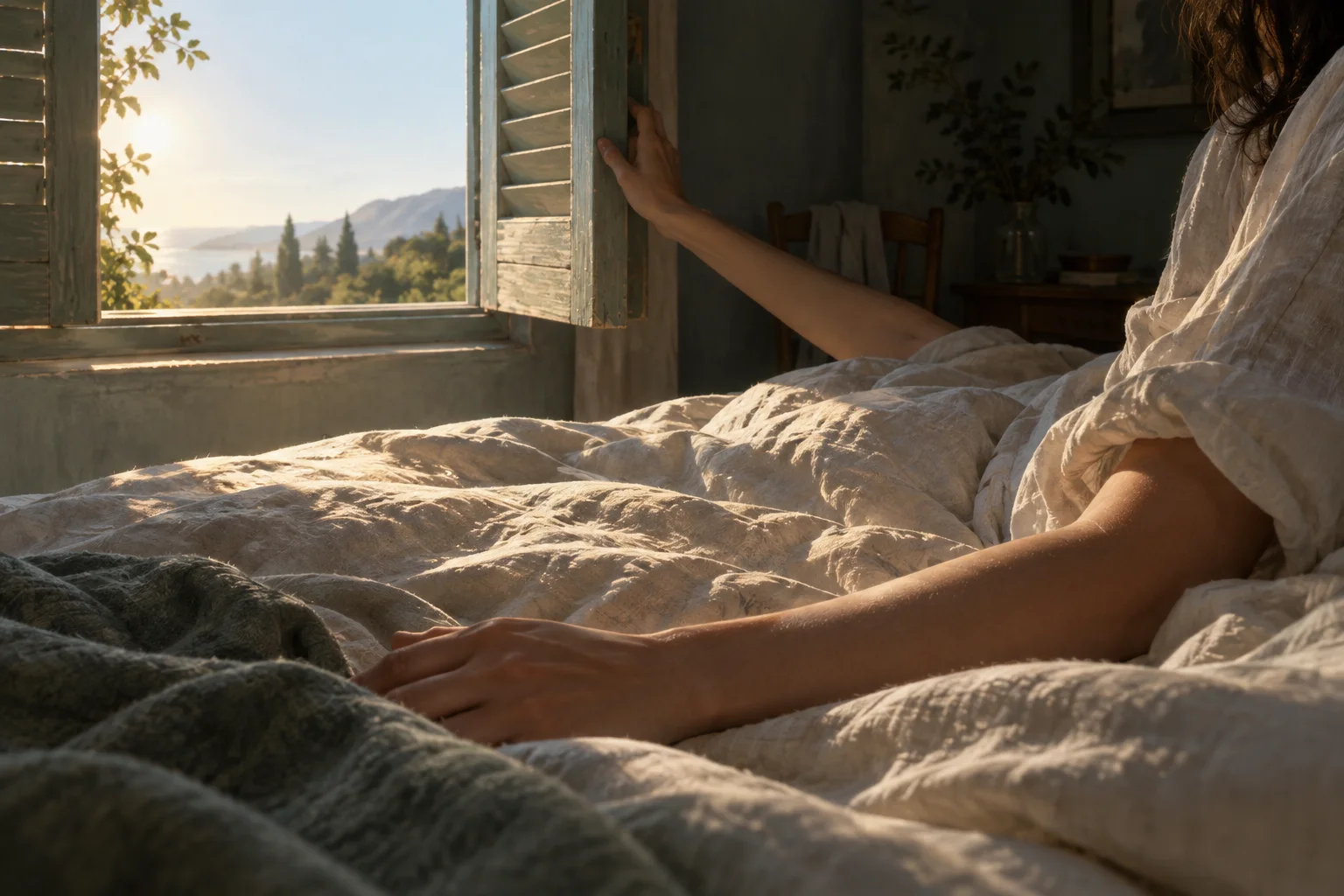 Morning daylight from opened shutters falls across bedlinen and a waking person’s forearm.