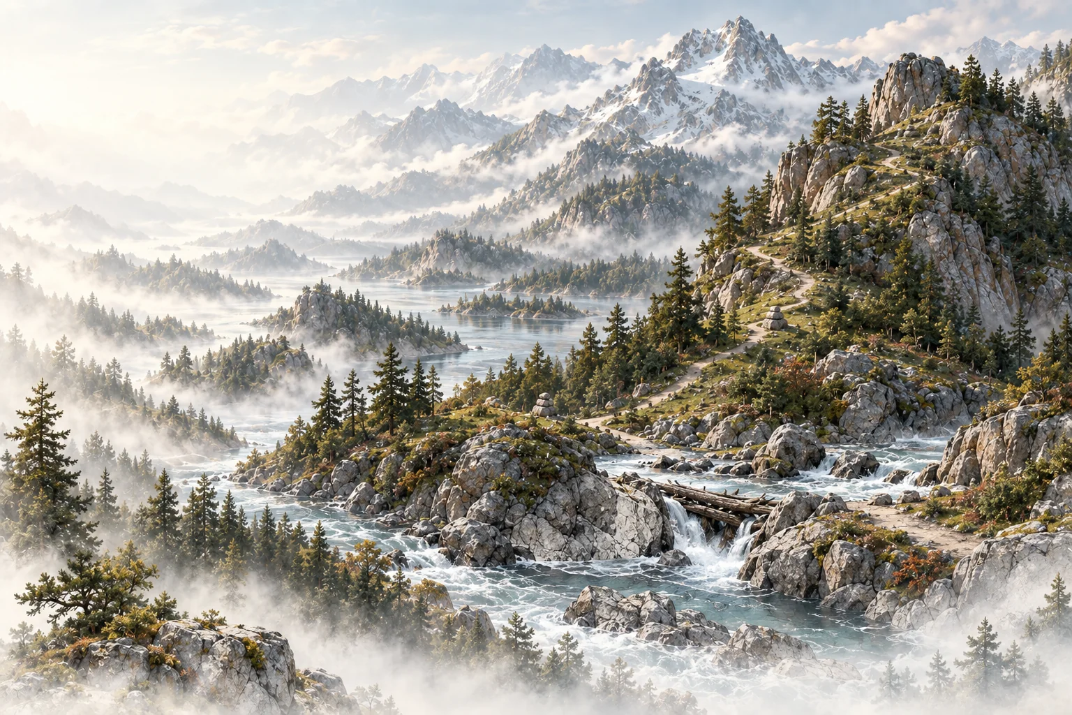 A mountain path follows the shape of a pine-covered ridge to a river crossing.